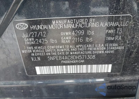 2013 Hyundai Sonata Gls from USA, damaged, VIN 5NPEB4AC8DH571308